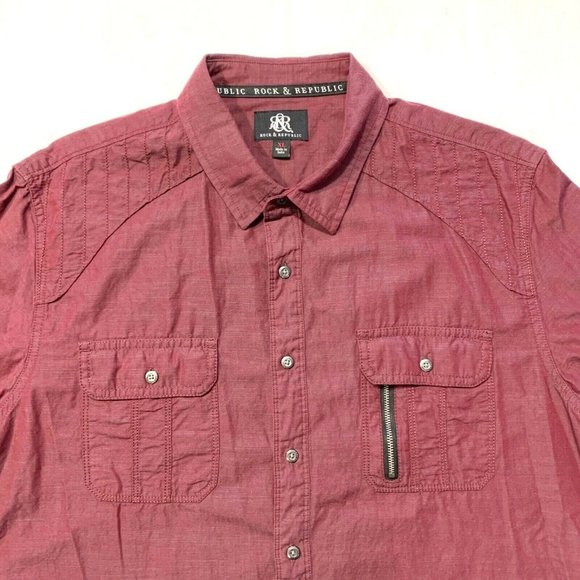 Rock & Republic Button Up Shirt Short Sleeve Cotton Flap Pockets Maroon XL NWOT - Picture 2 of 12